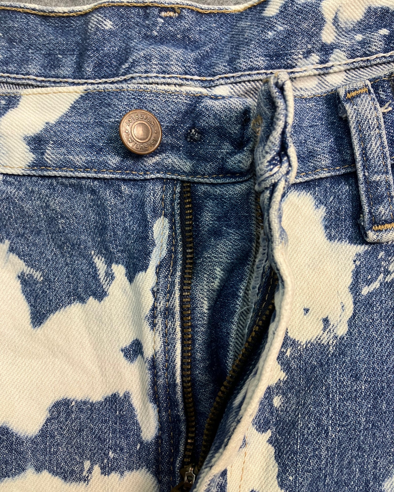 blue reworked paint-stain regular-fit jeans