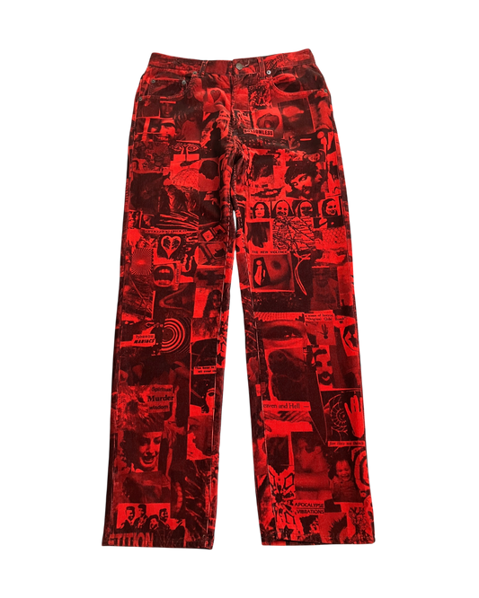red corduroy print straight pants