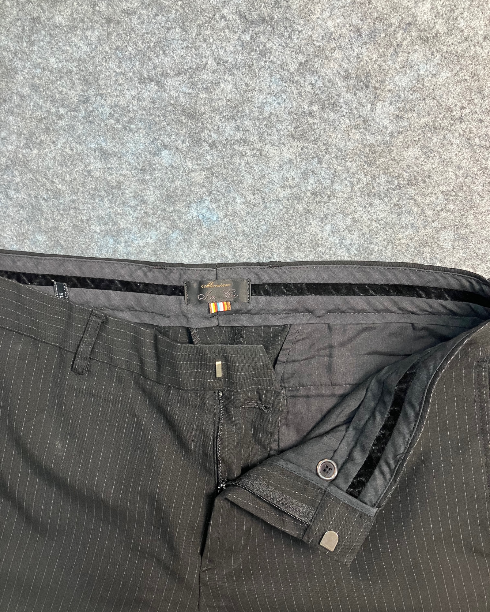 black pinstripe straight-fit trousers