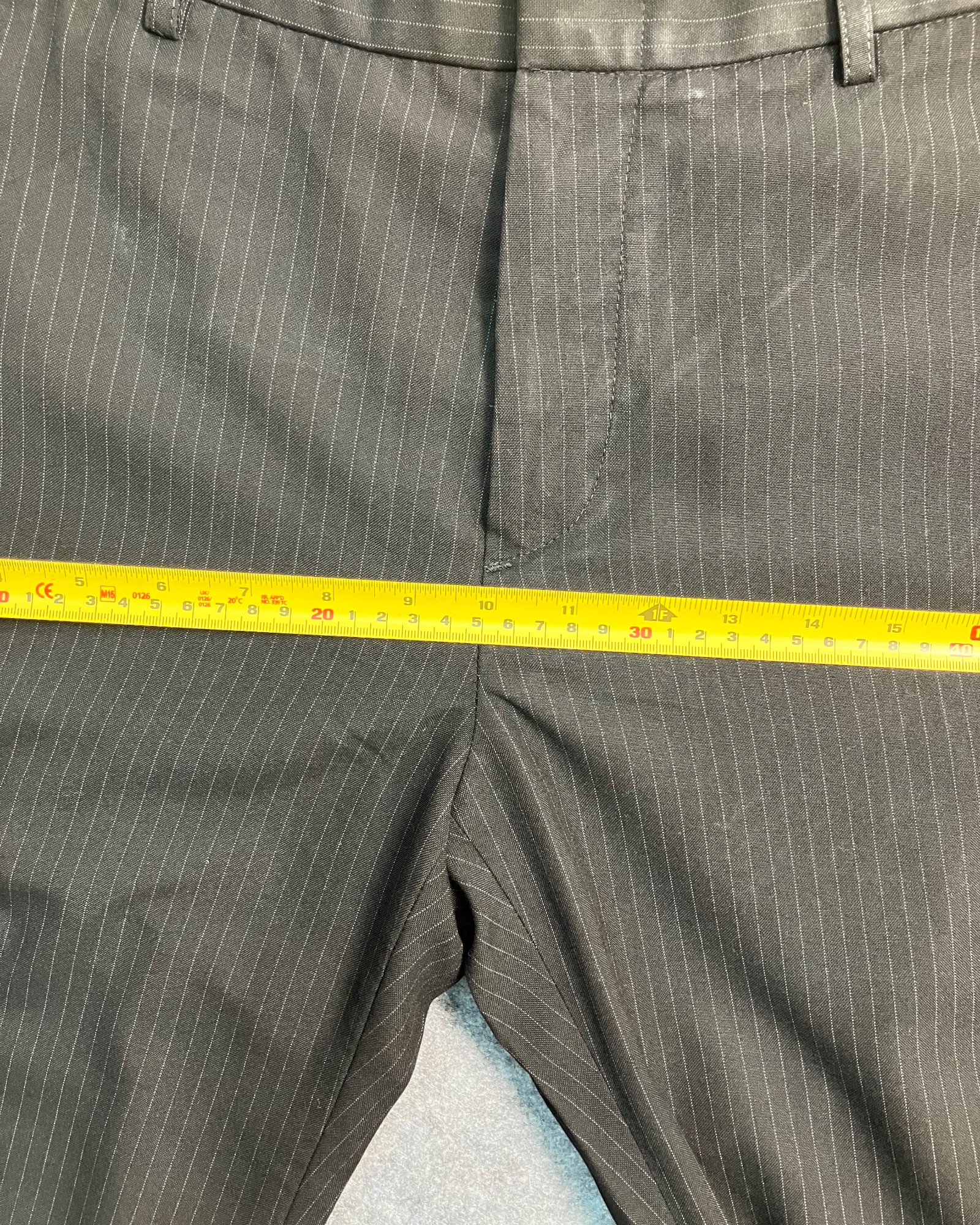 black pinstripe straight-fit trousers