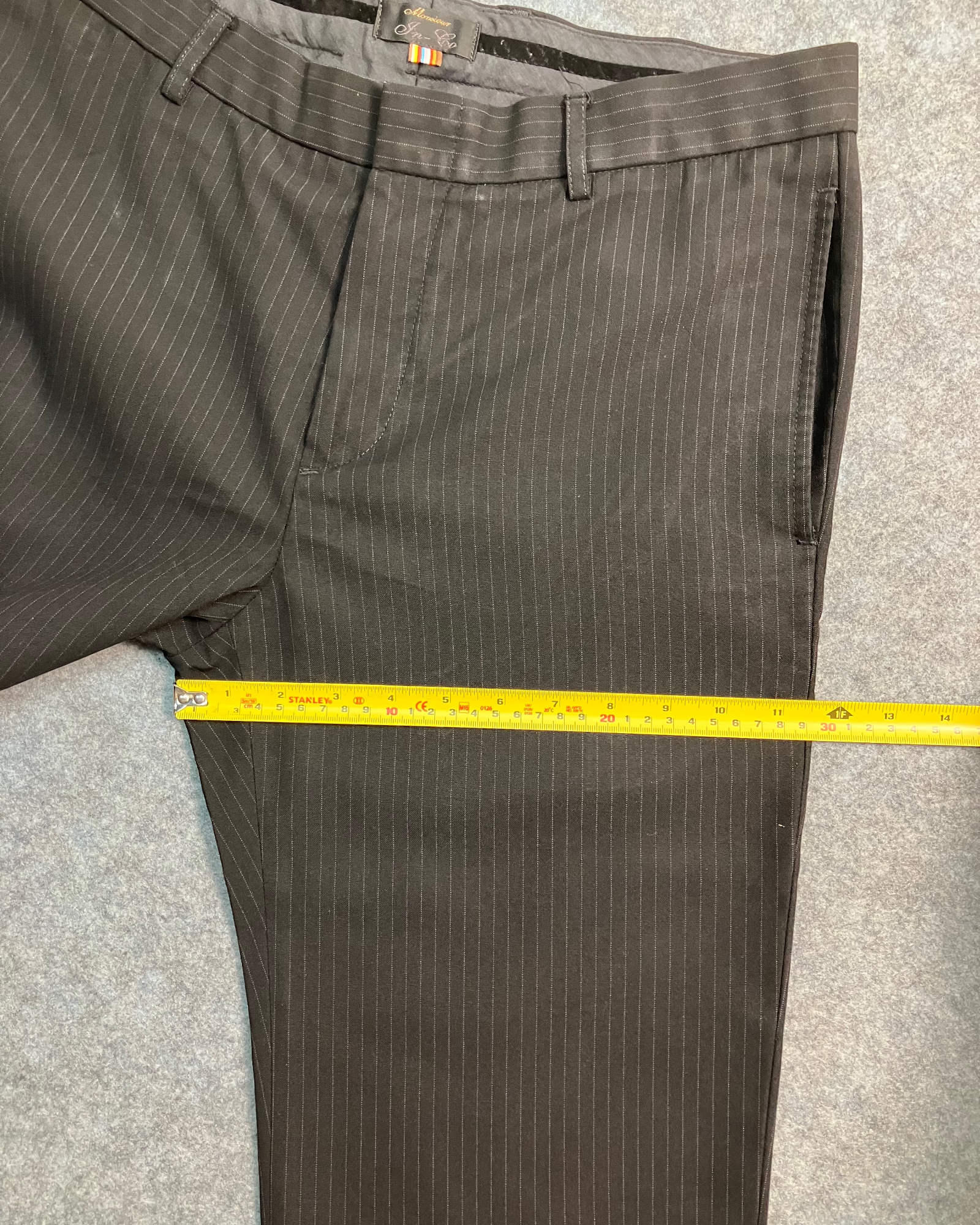 black pinstripe straight-fit trousers